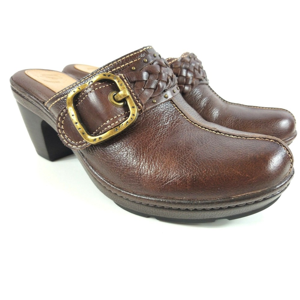 Nurture Marigold 7.5 M Brown Leather Clogs Mules Comfort Shoes Boho Stacked Heel